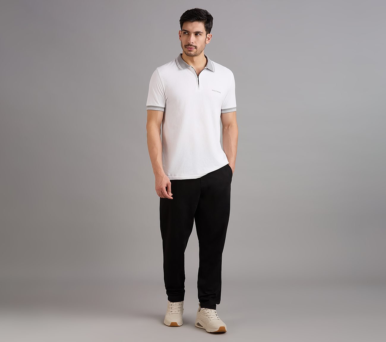 CONTRAST ZIPPER POLO, WHITE