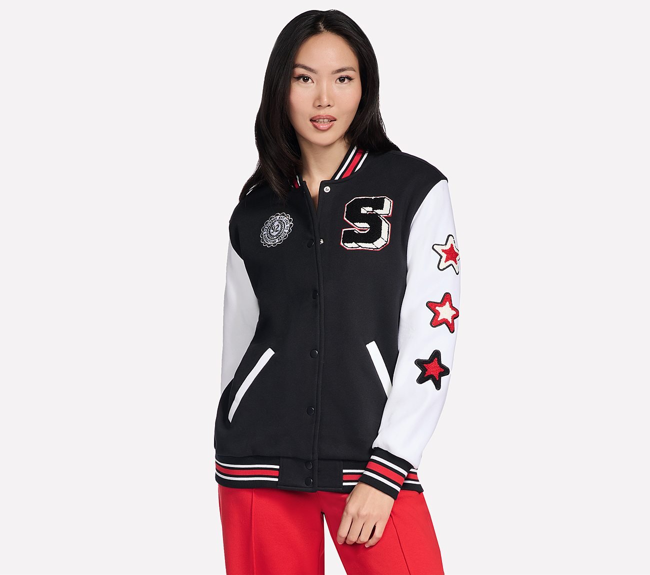 SKECHERS CLASSIC VARSITY JACKET, BLACK