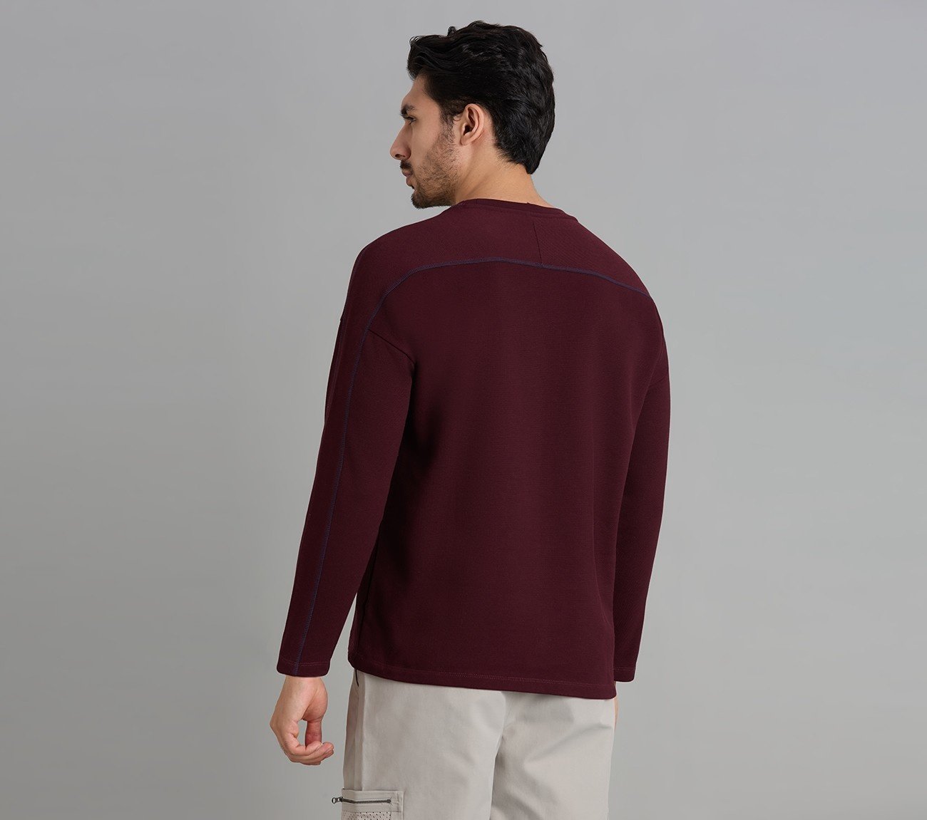 OVERSIZED CONTRAST FLATLOCK TEE, BURGUNDY/PINK