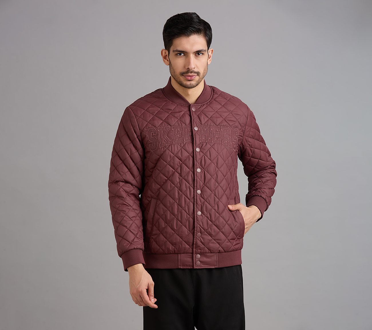 SKECHERS APPLIQUE PUFFER JACK, BURGUNDY/PINK