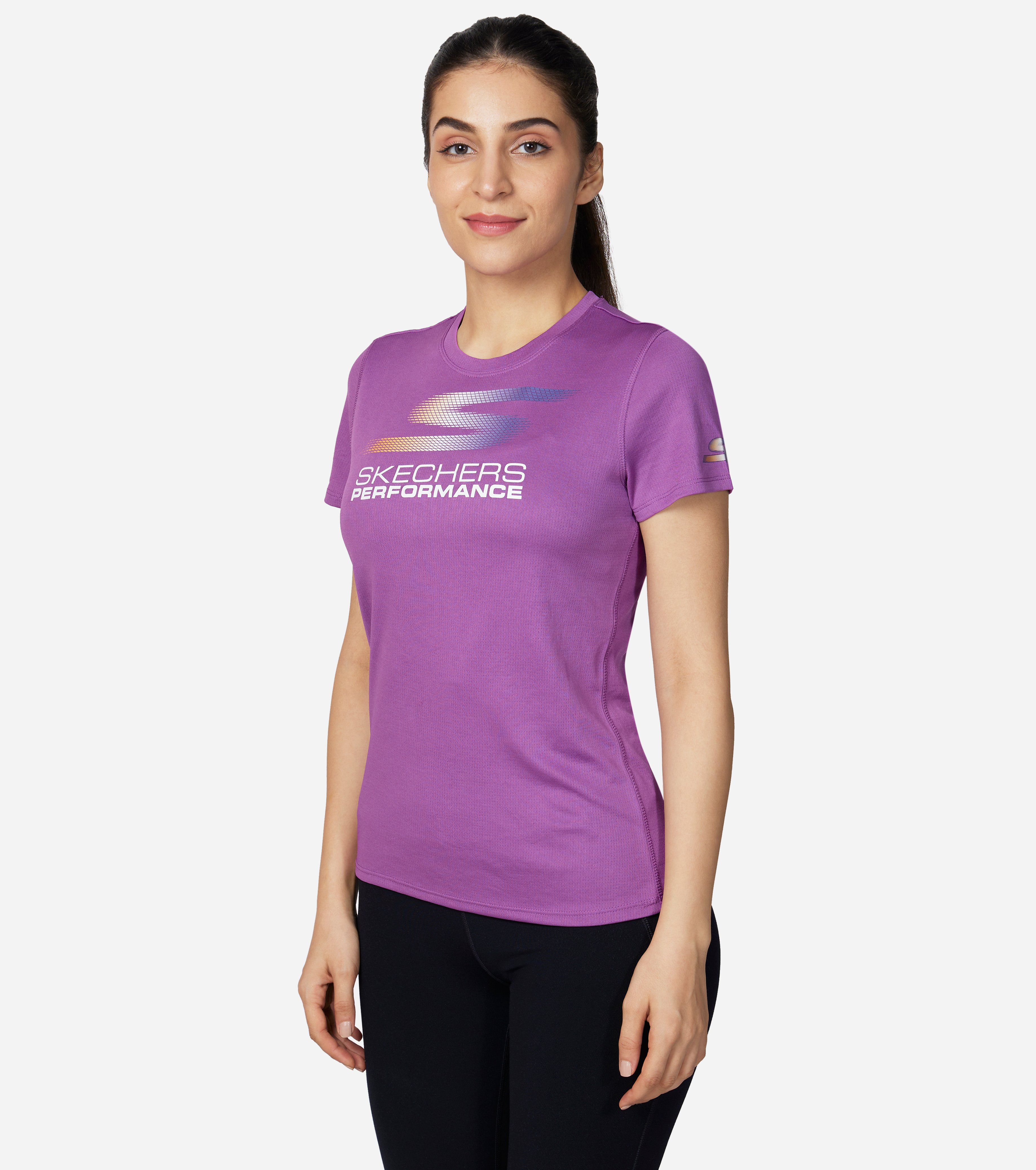 WOMENS ELITE TEE, PURPLE/HOT PINK Apparels Top View