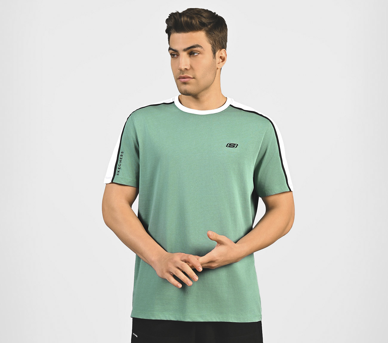CONTRAST SHOULDER PANEL COTTON, SAGE Apparel Lateral View