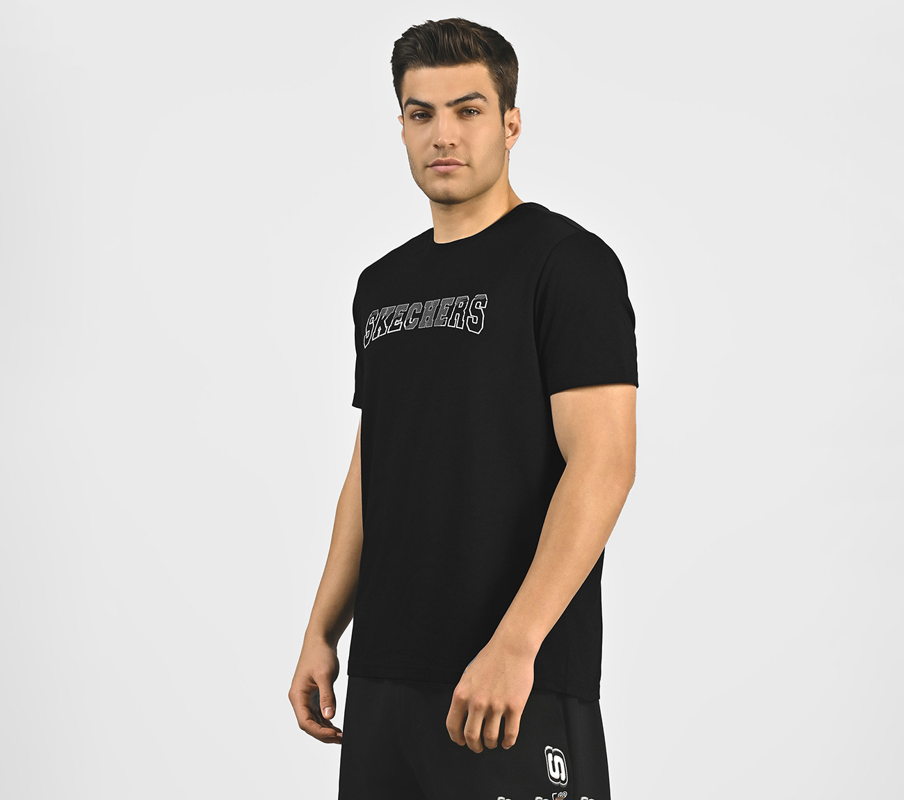 DUAL PRINT VARSITY GRAPHIC T-SHIRT, BLACK Apparel Top View