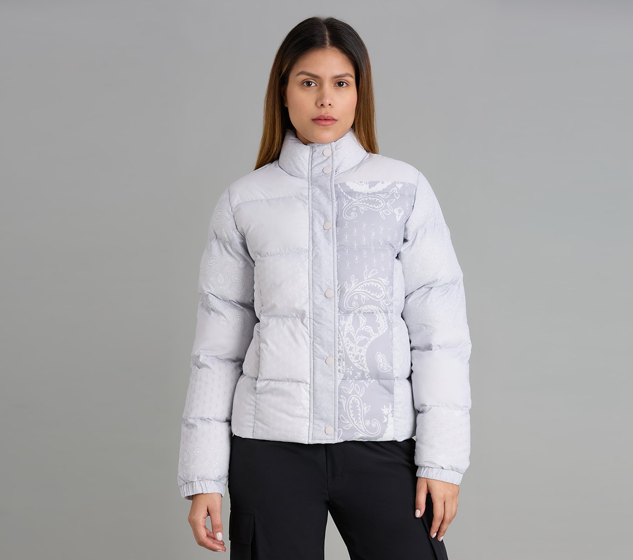 PAISLEY PRINT PUFFER JACKET, GRAY/WHITE/ORANGE