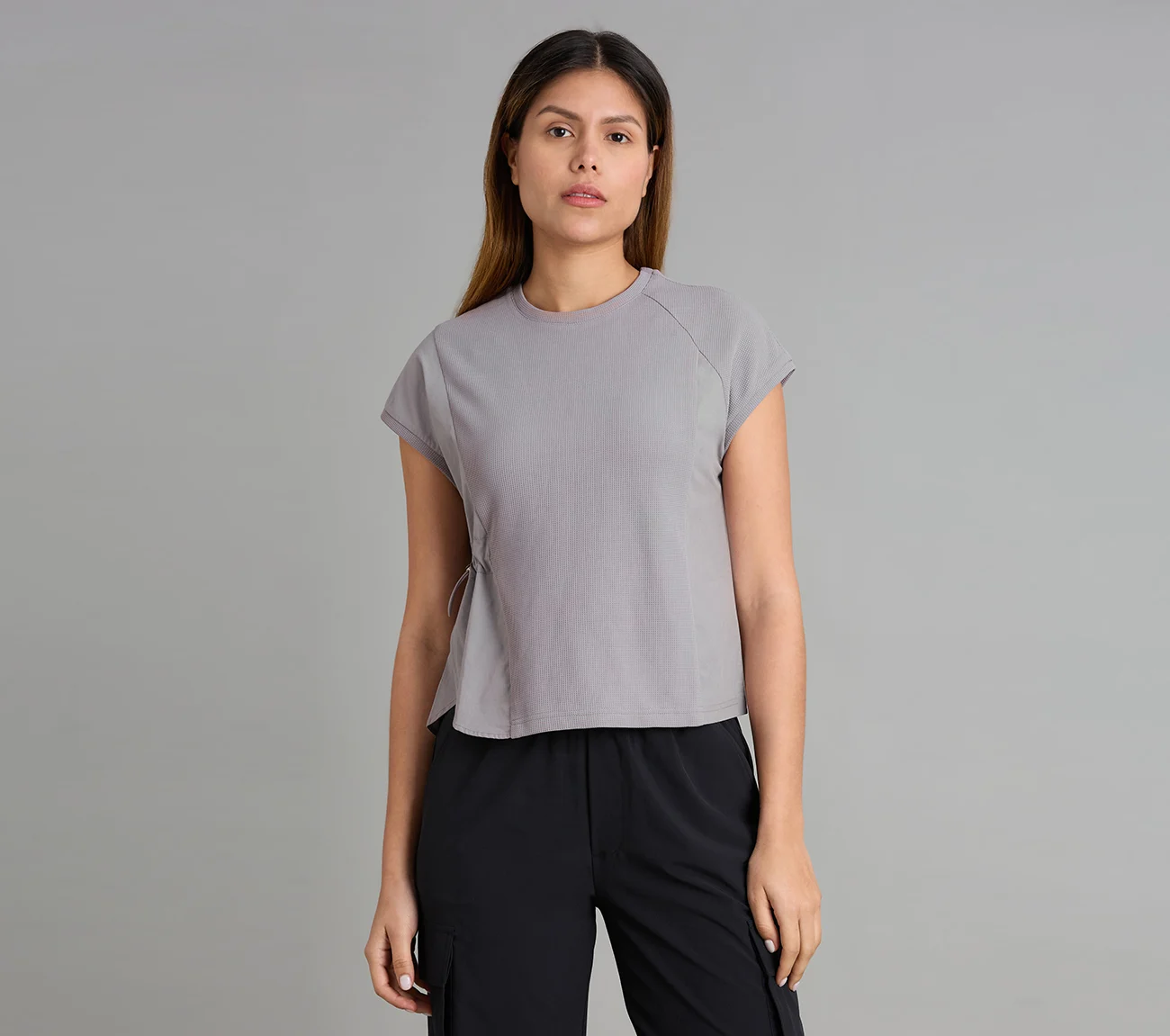 WAFFLE KNIT POPLIN T-SHIRT, CHARCOAL/LT. GRAY