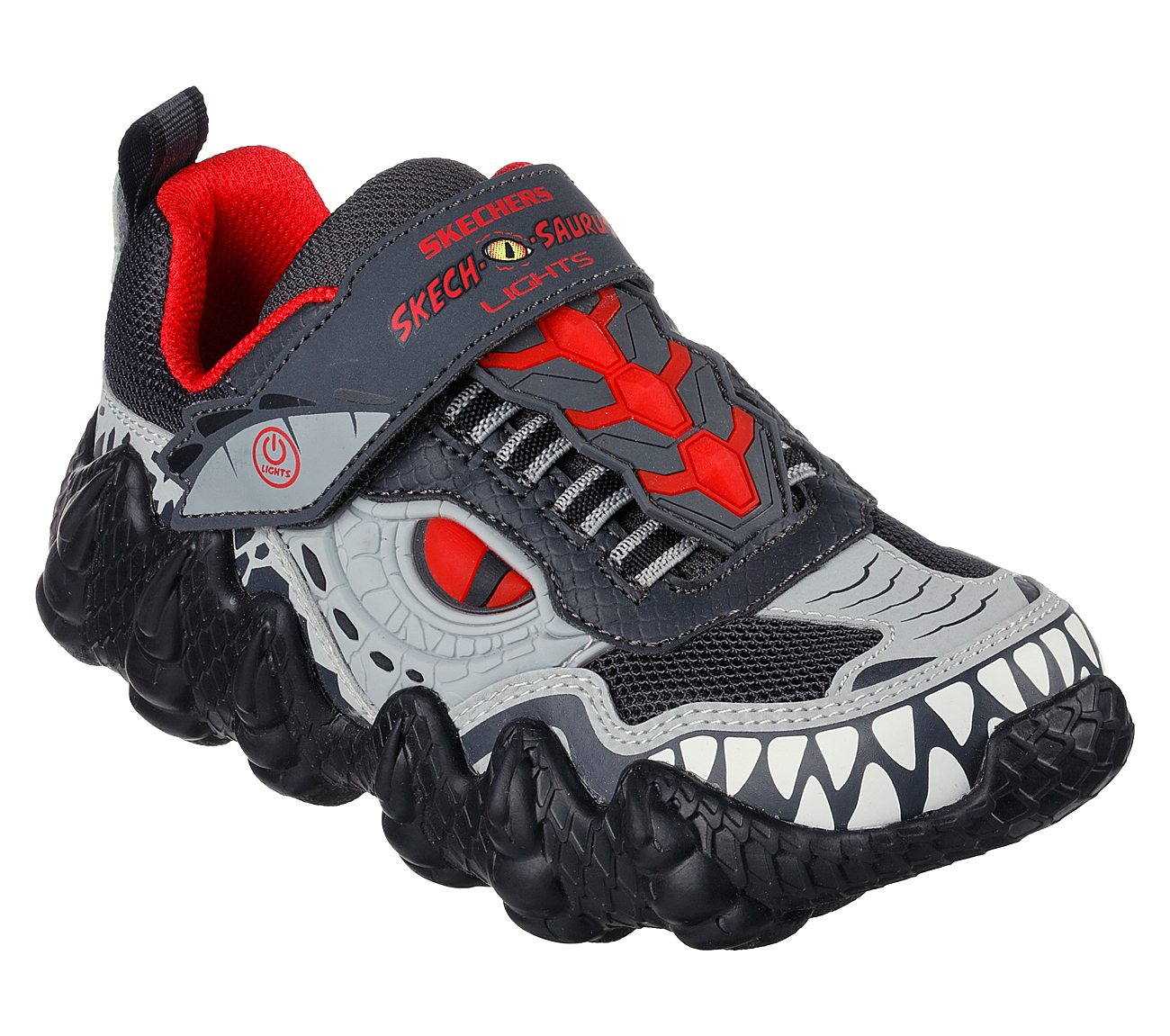 SKECH-O-SAURUS LIGHTS-DINO-TR, CHARCOAL/RED Footwear Lateral View