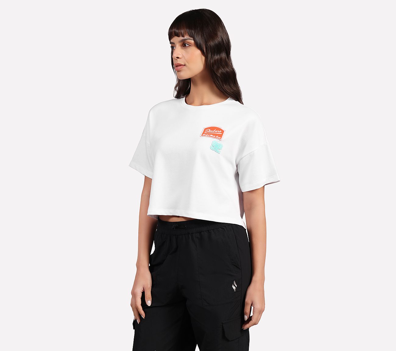 DROP SHOULDER BADGE T-SHIRT, WHITE Apparels Top View
