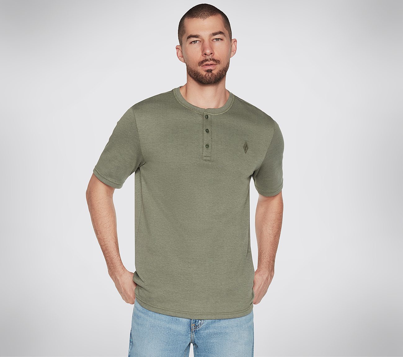 GOKNIT PIQUE S/S HENLEY, LIGHT GREY/GREEN Apparels Lateral View