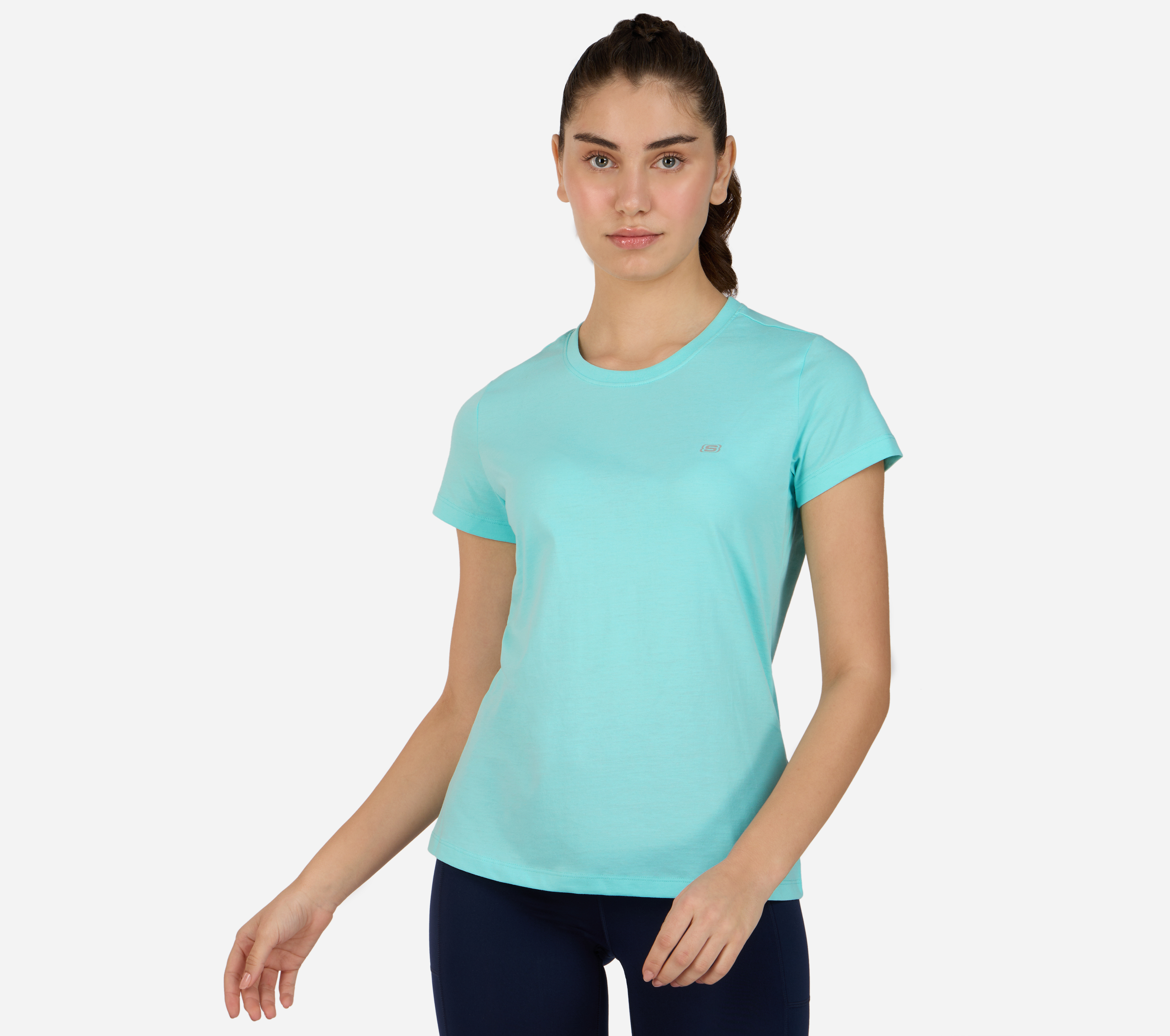 SS CREWNECK T-SHIRT, NATURAL/AQUA Apparels Lateral View