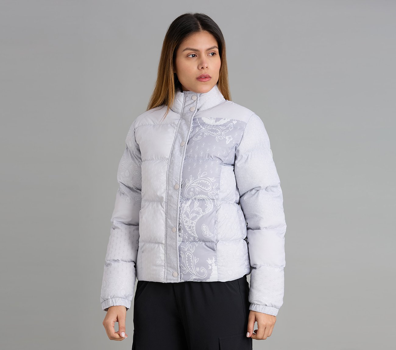 PAISLEY PRINT PUFFER JACKET, GRAY/WHITE/ORANGE