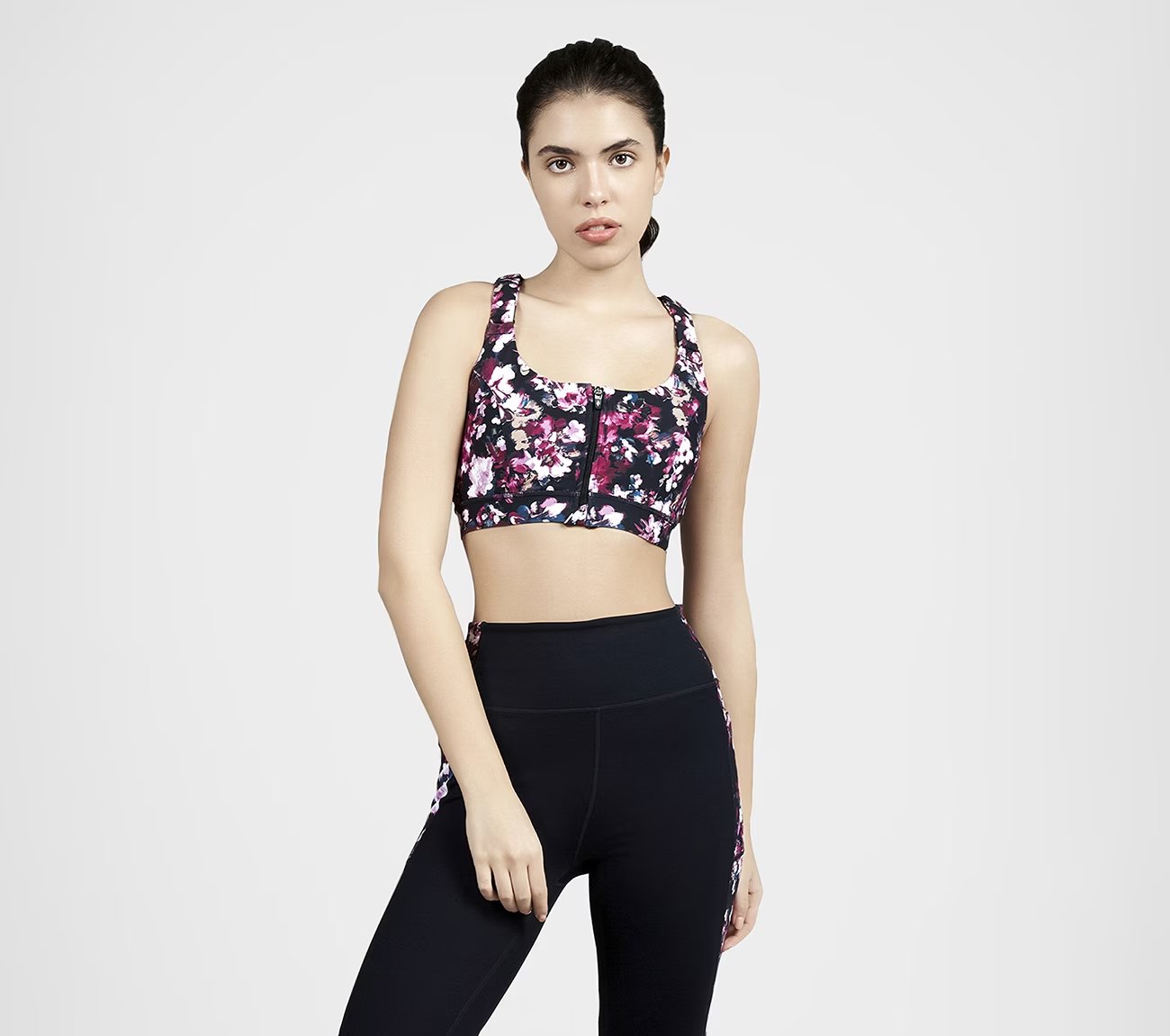 MISTY FLORAL ZIP FRONT BRA, BLACK/MAUVE Apparels Lateral View
