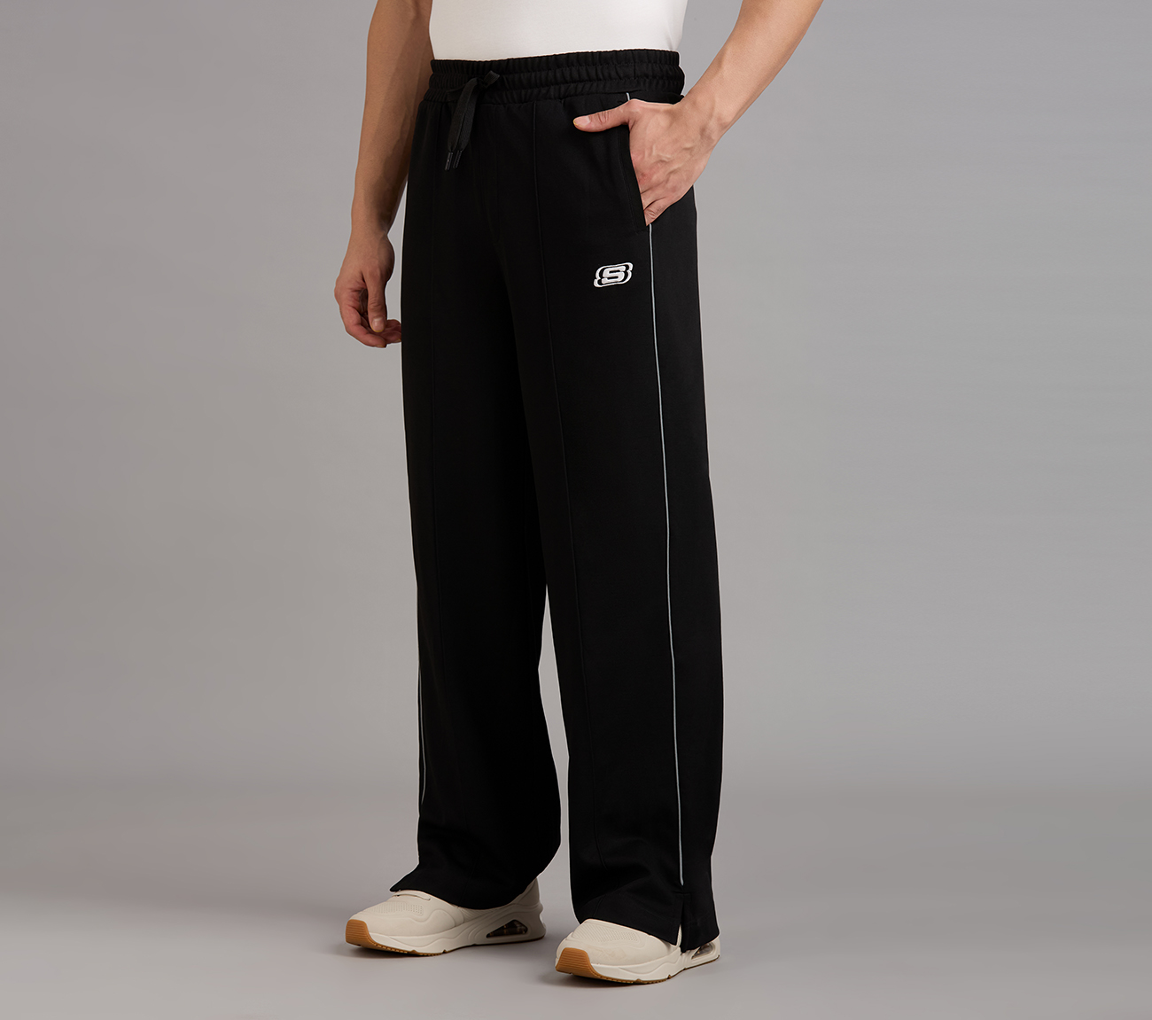 STRAIGHT SIDE SLIT PANTS, BLACK Apparel Top View