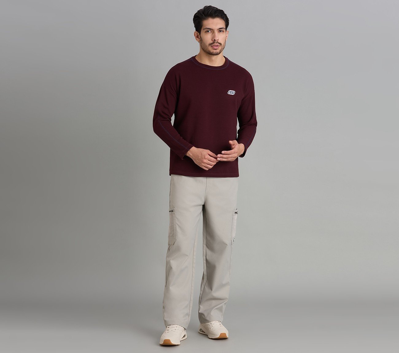 OVERSIZED CONTRAST FLATLOCK TEE, BURGUNDY/PINK