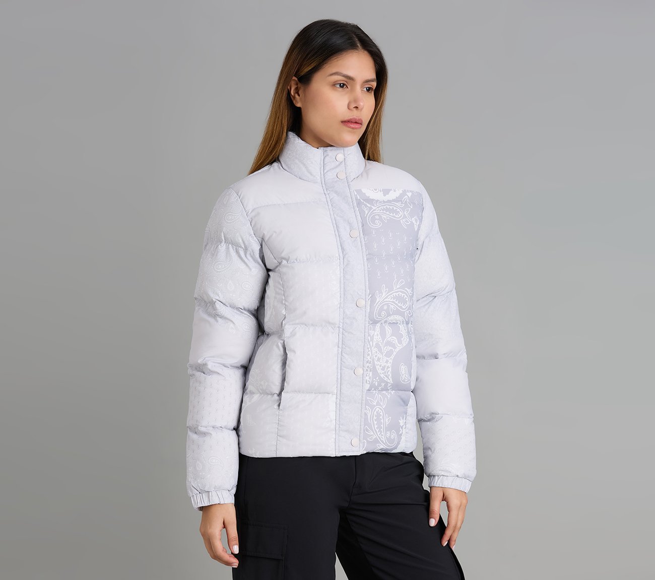 PAISLEY PRINT PUFFER JACKET, GRAY/WHITE/ORANGE