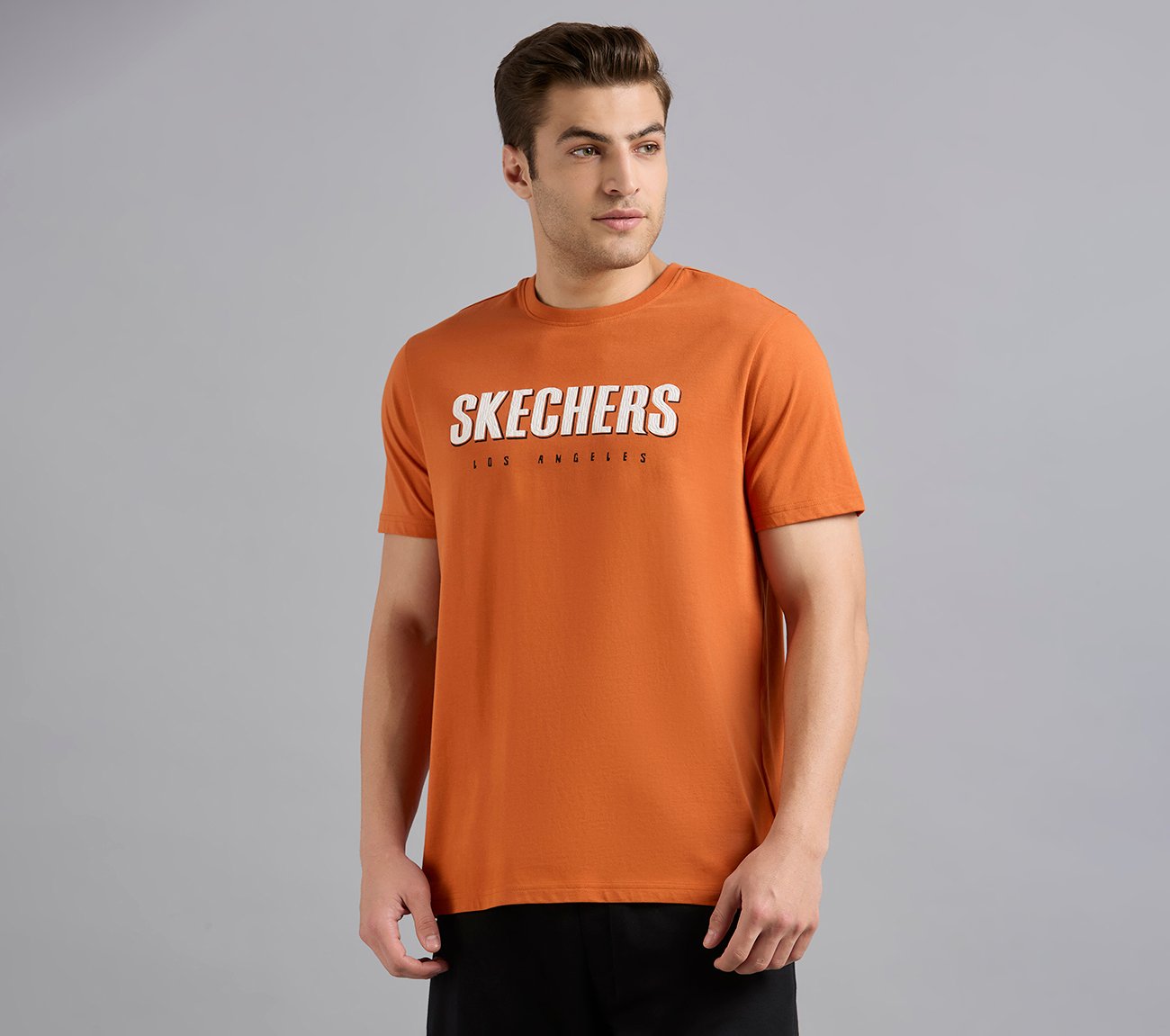 SKECHERS HAND PAINTED TEE, CHARCOAL/ORANGE Apparel Lateral View