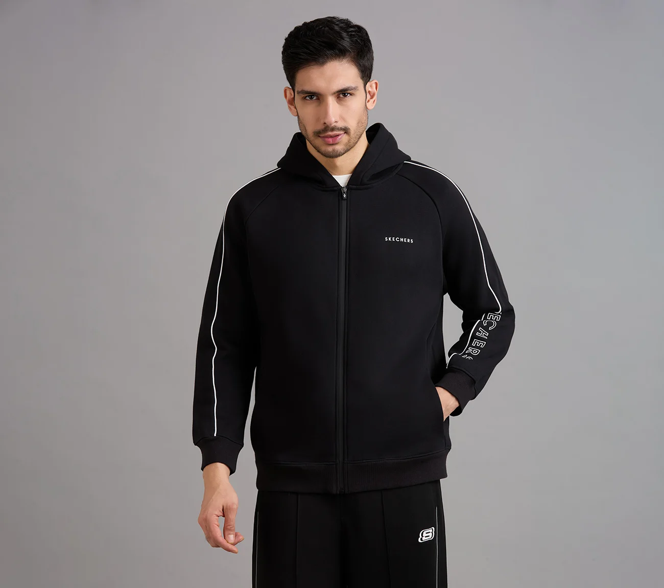SKECHERS CORDED PANEL HOODIE, BLACK Apparels Lateral View