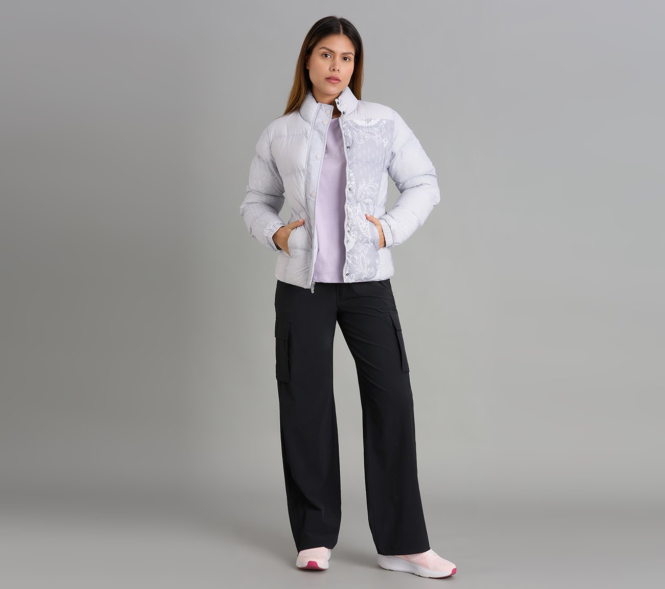 PAISLEY PRINT PUFFER JACKET, GRAY/WHITE/ORANGE