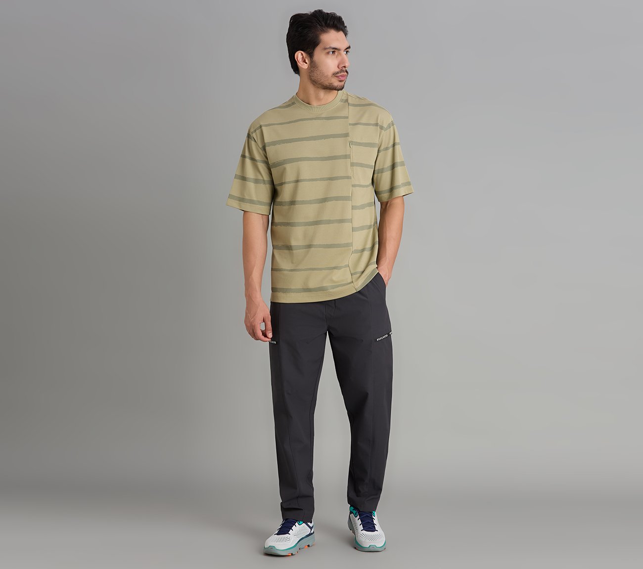 MISMATCH STRIPE PANEL TEE, TAUPE/SILVER