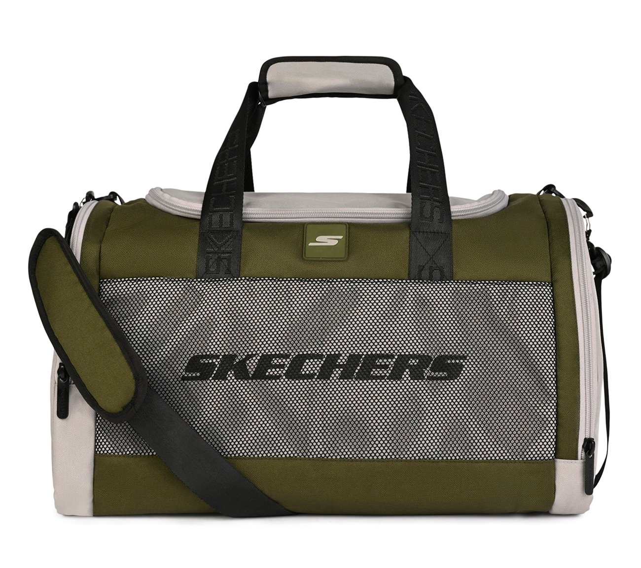 MONOCHROME DUFFLE BAG WITH MESH DETAILED, OLIVE