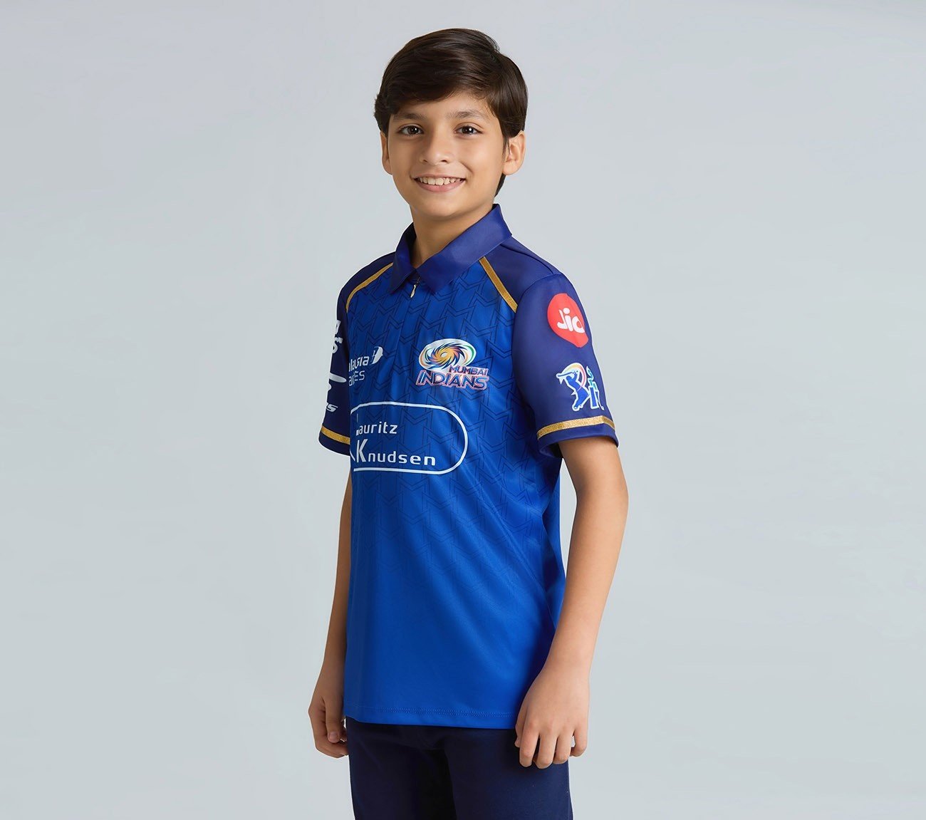MUMBAI INDIANS IPL KID'S FAN JERSEY 2026, ROYAL/NAVY/LIME Apparel Top View
