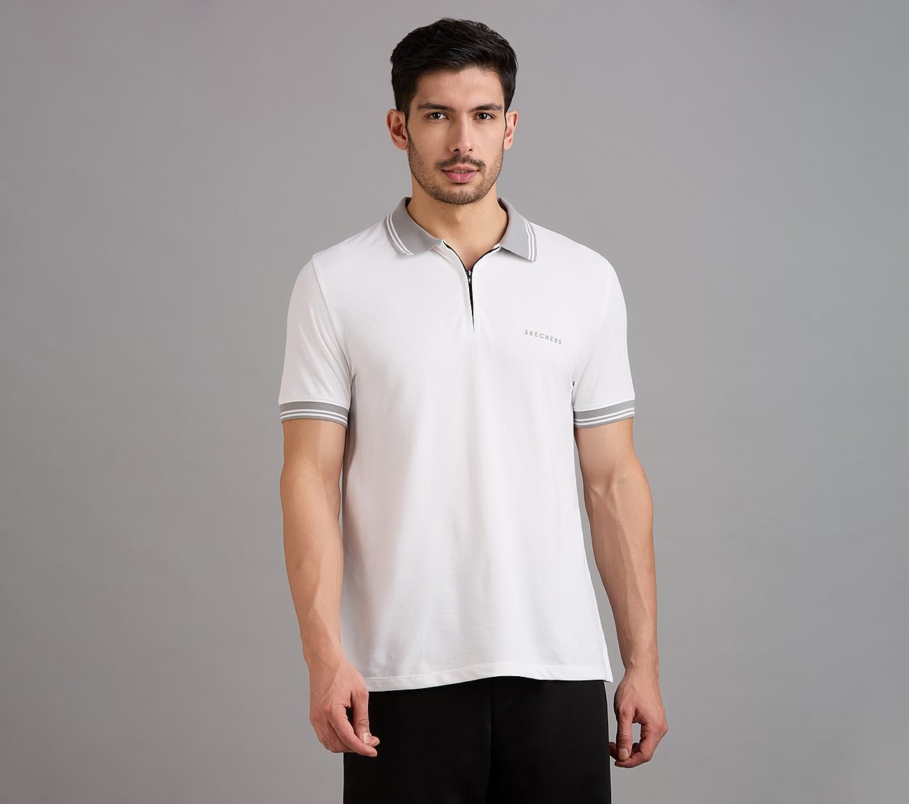 CONTRAST ZIPPER POLO, WHITE