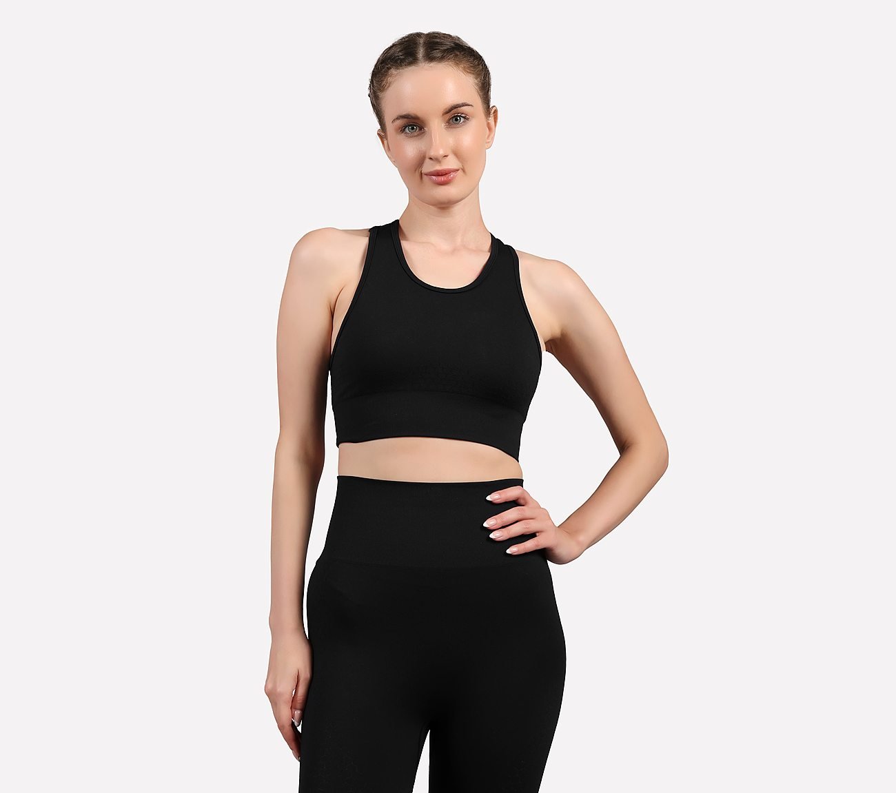 RIB PANELLED SPORTS BRA, BLACK