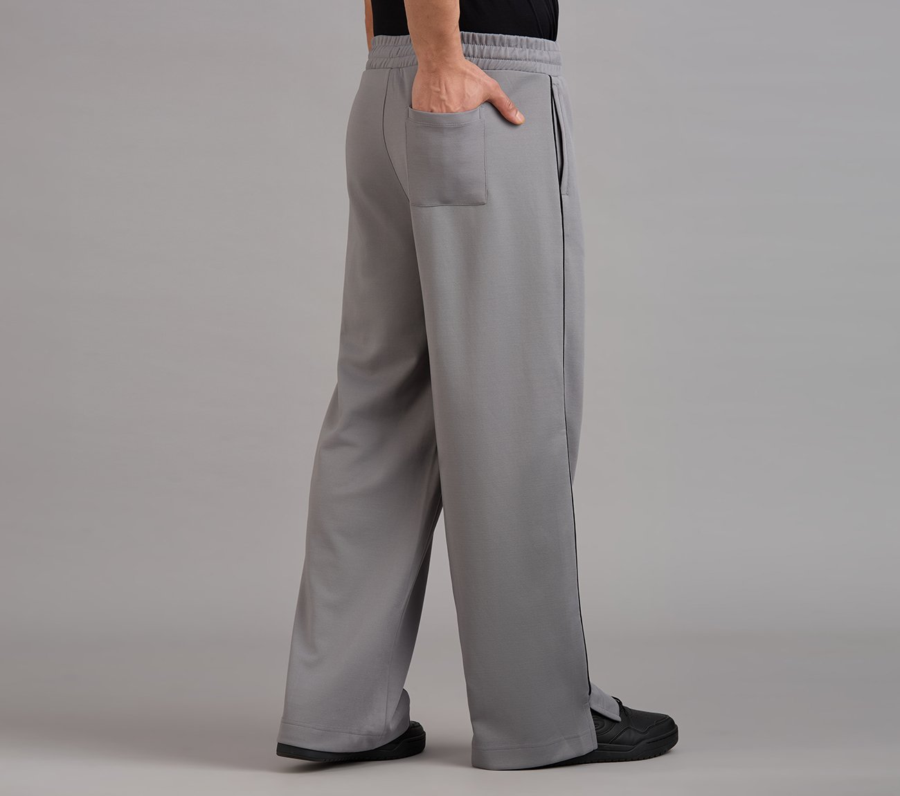 STRAIGHT SIDE SLIT PANTS, CHARCOAL/LT. GRAY Apparels Left View