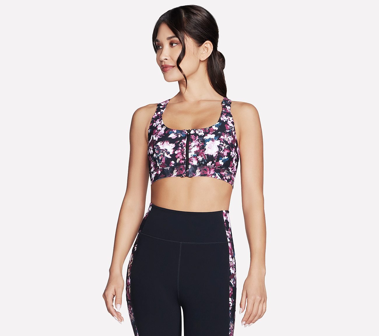 MISTY FLORAL ZIP FRONT BRA, BLACK/MAUVE Apparels Lateral View