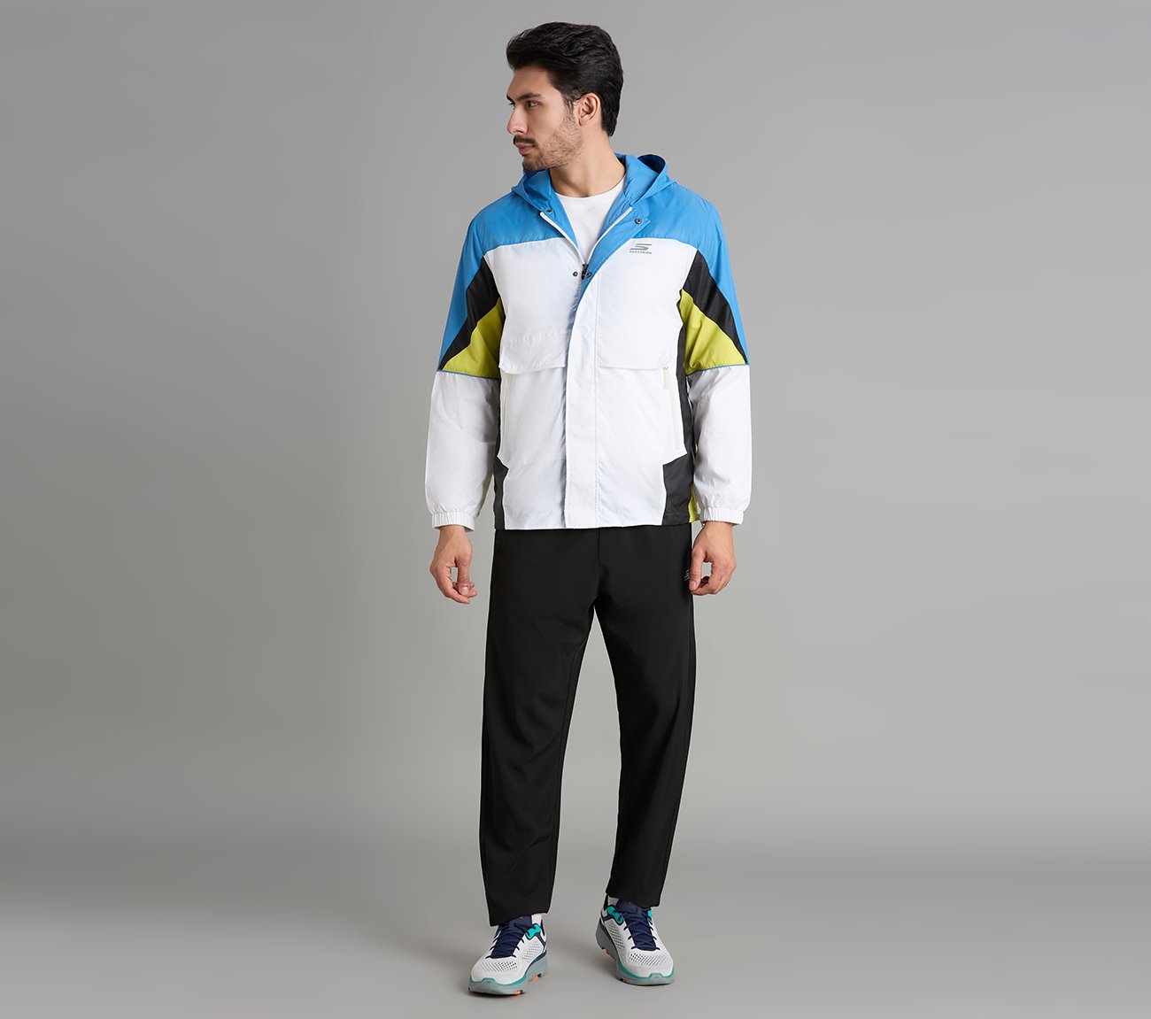 COLORED PANEL HOODED WINDBREAKER, WHITE