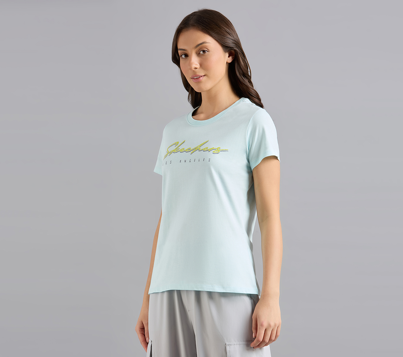 SKECHERS HAND PAINTED TEE, GRAY/AQUA/PINK Apparel Top View