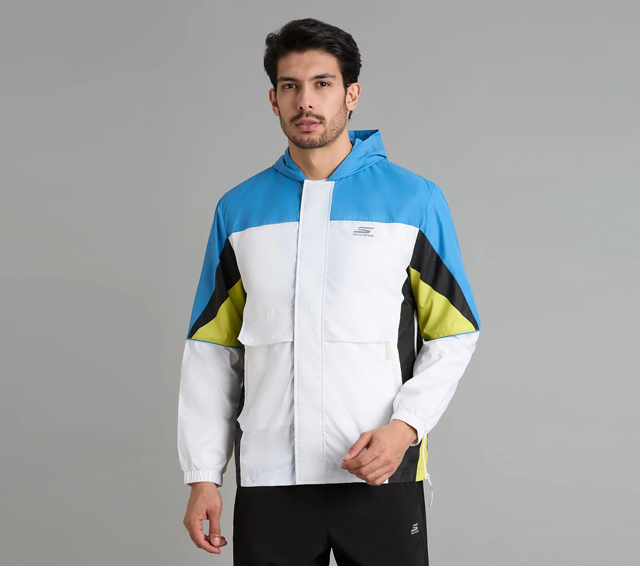 COLORED PANEL HOODED WINDBREAKER, WHITE