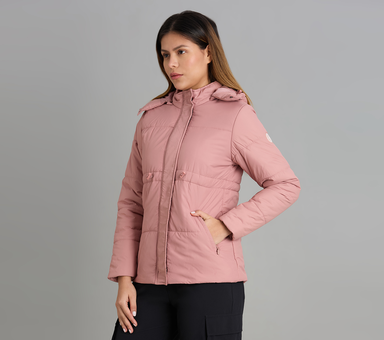 QUILTED WAIST CINCHED JACKET, PURPLE/YELL Apparel Bottom View