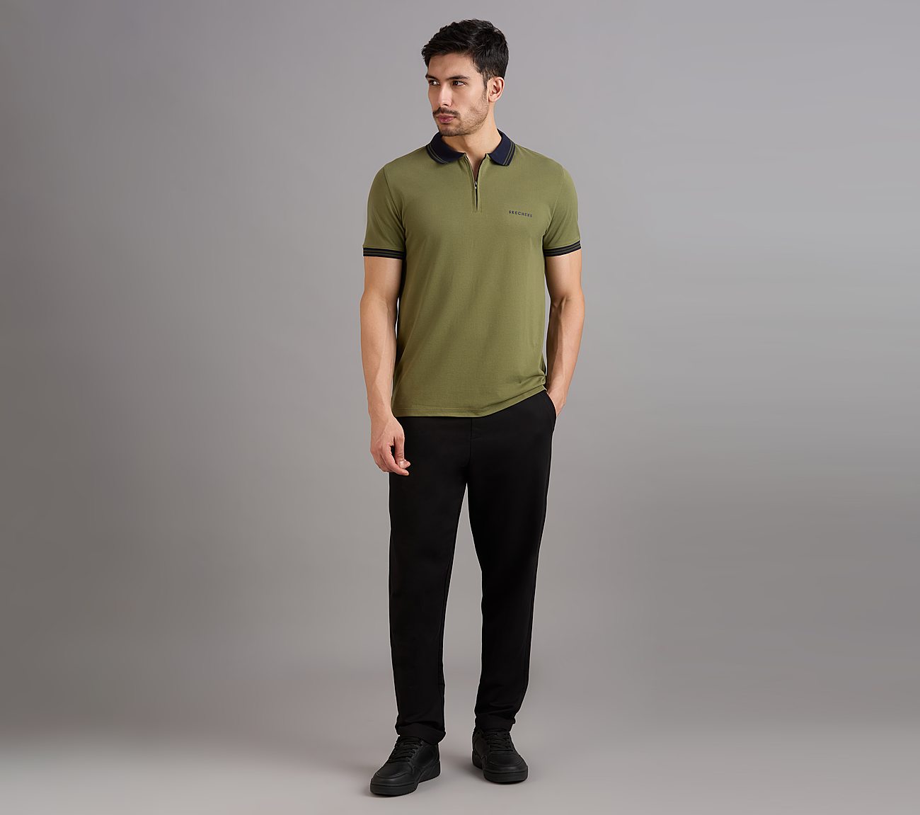 CONTRAST ZIPPER POLO, NATURAL/OLIVE