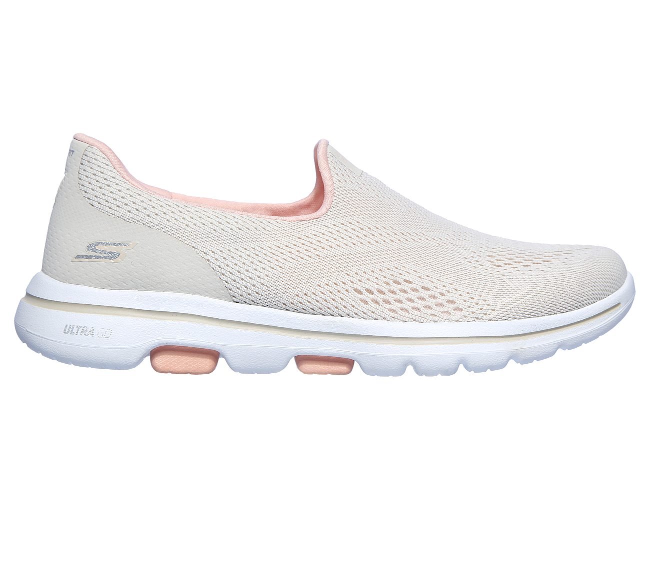 GO WALK 5, OFF WHITE/PINK Footwear Lateral View