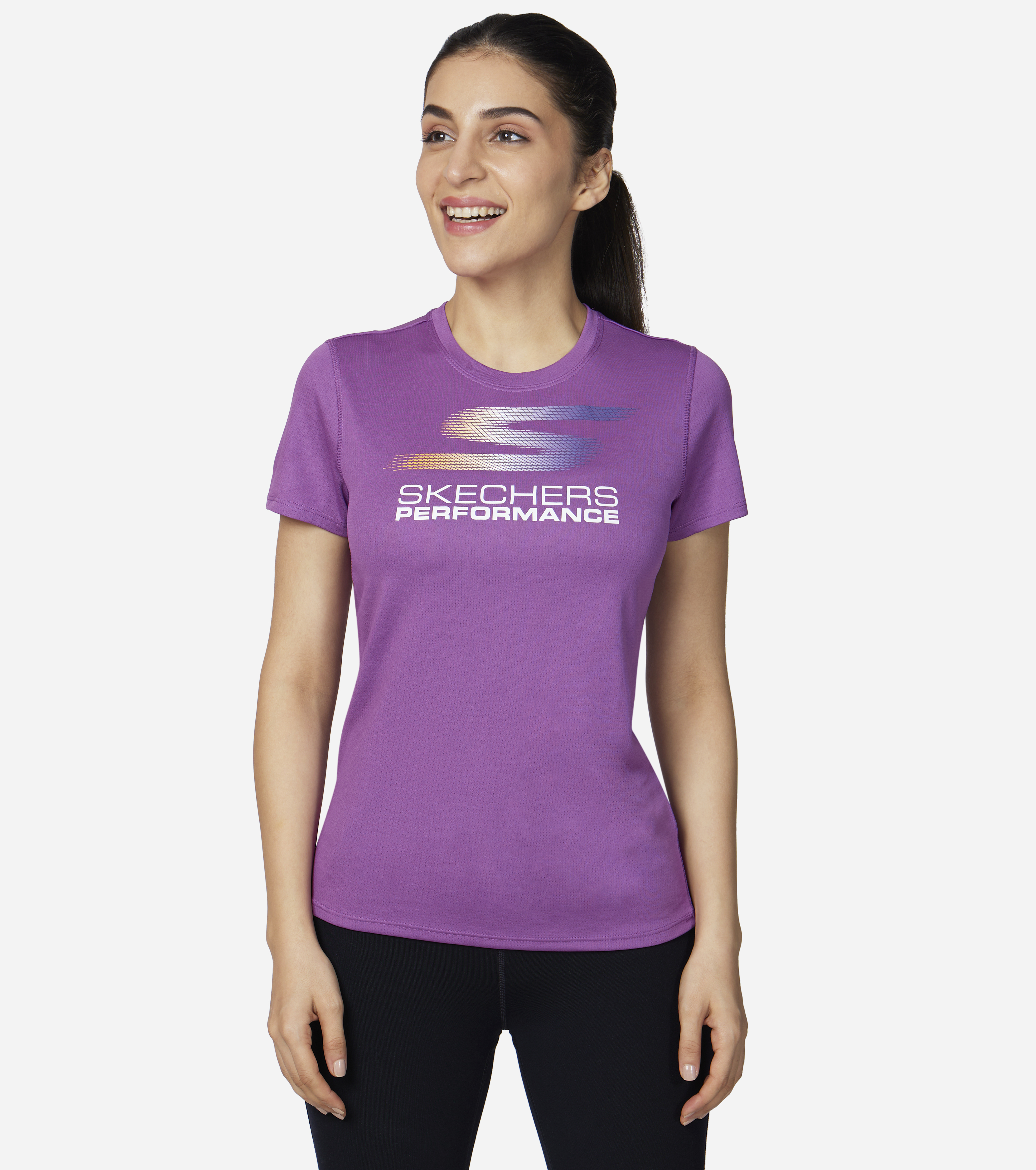 WOMENS ELITE TEE, PURPLE/HOT PINK Apparels Lateral View