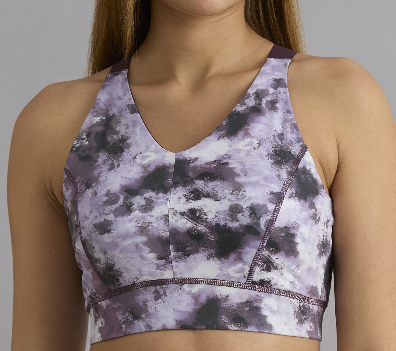 HIGH IMPACT AOP SPORTS BRA, WHITE/TURQ/PURPLE