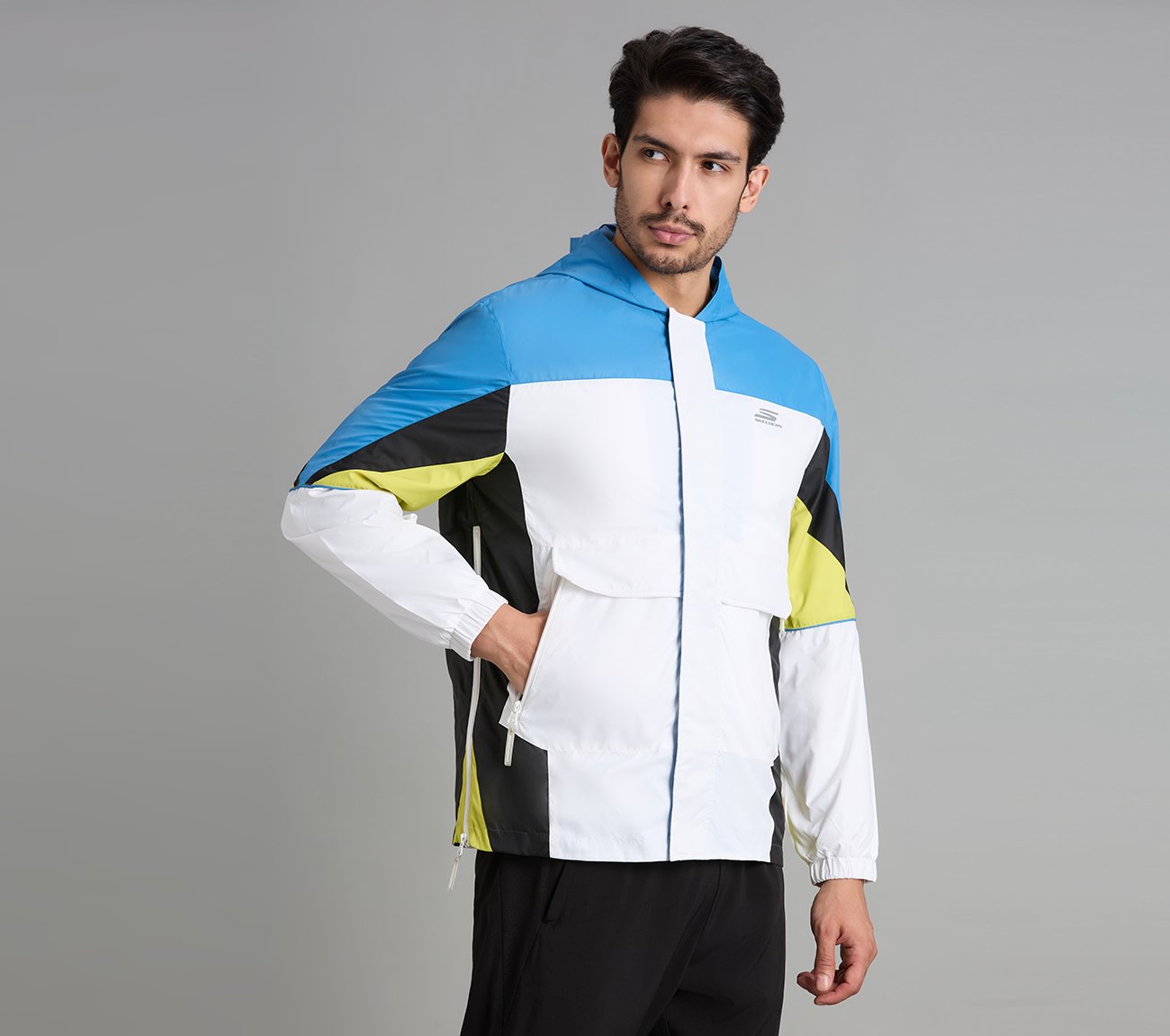 COLORED PANEL HOODED WINDBREAKER, WHITE