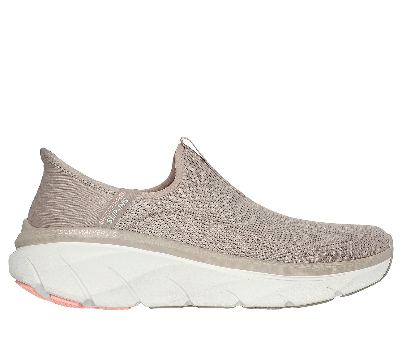 SKECHERS SLIP-INS RF: D'LUX WALKER 2.0- Happy Step, TAUPE/CORAL Footwear Lateral View
