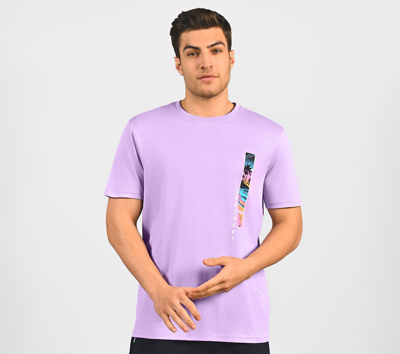 TROPICAL GRAPHIC PRINT T-SHIRT, LT. GRAY/PURPLE Apparel Lateral View