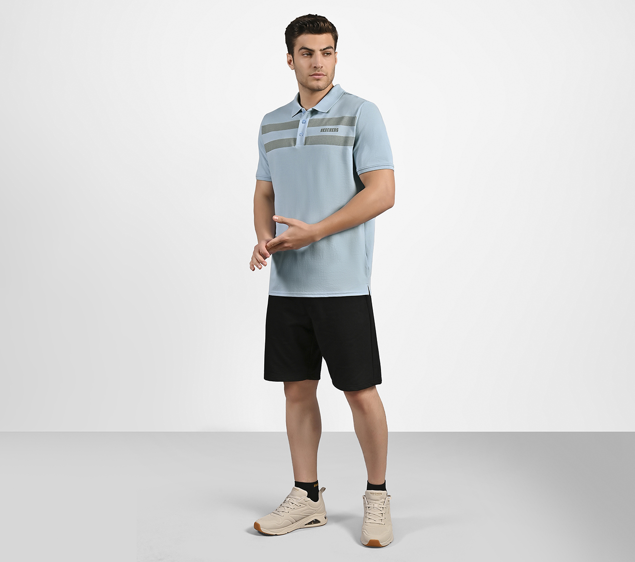 BRANDED DOUBLE PLACKET POLO, CHARCOAL/LT. BLUE Apparel Right View