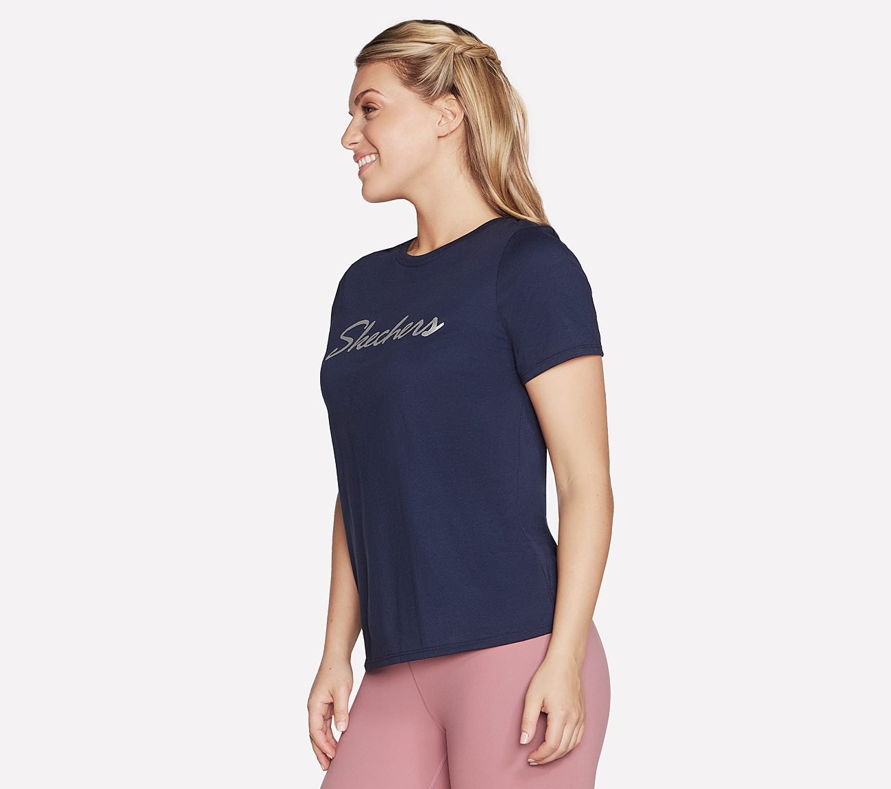 SKECHERS METALLIC LOGO T-SHIRT, NNNAVY Apparel Bottom View