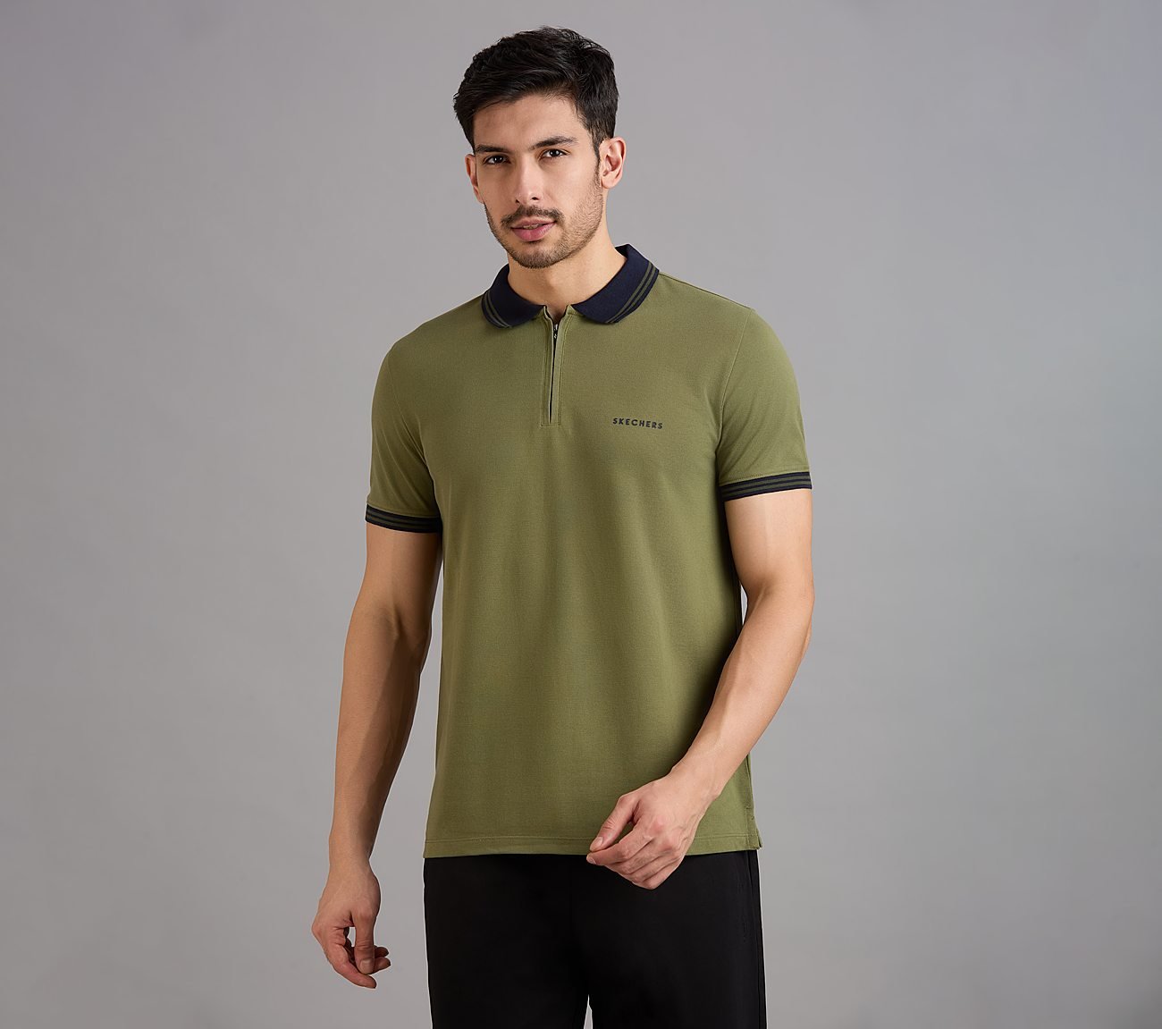 CONTRAST ZIPPER POLO, NATURAL/OLIVE