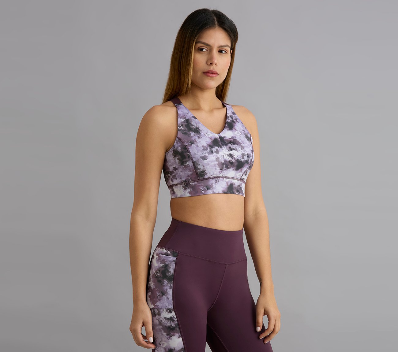 HIGH IMPACT AOP SPORTS BRA, WHITE/TURQ/PURPLE
