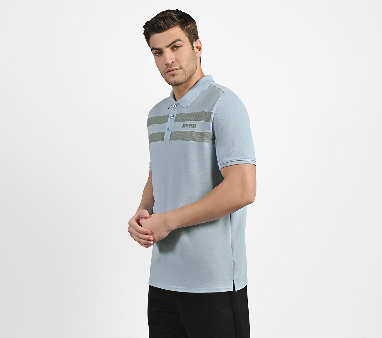 BRANDED DOUBLE PLACKET POLO, CHARCOAL/LT. BLUE Apparel Top View