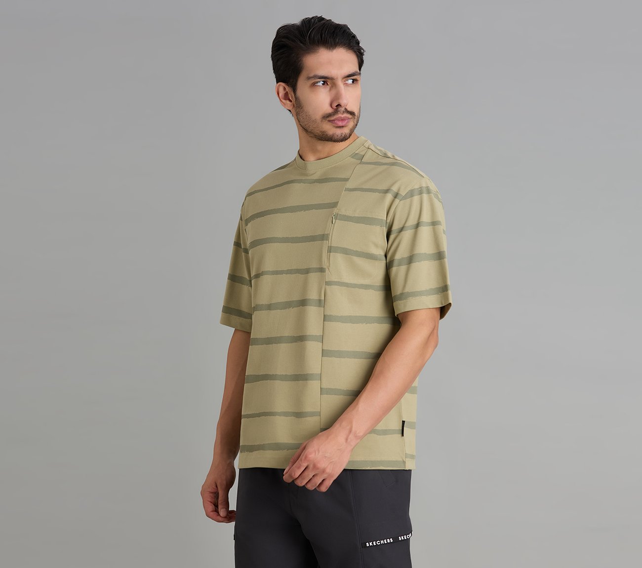 MISMATCH STRIPE PANEL TEE, TAUPE/SILVER