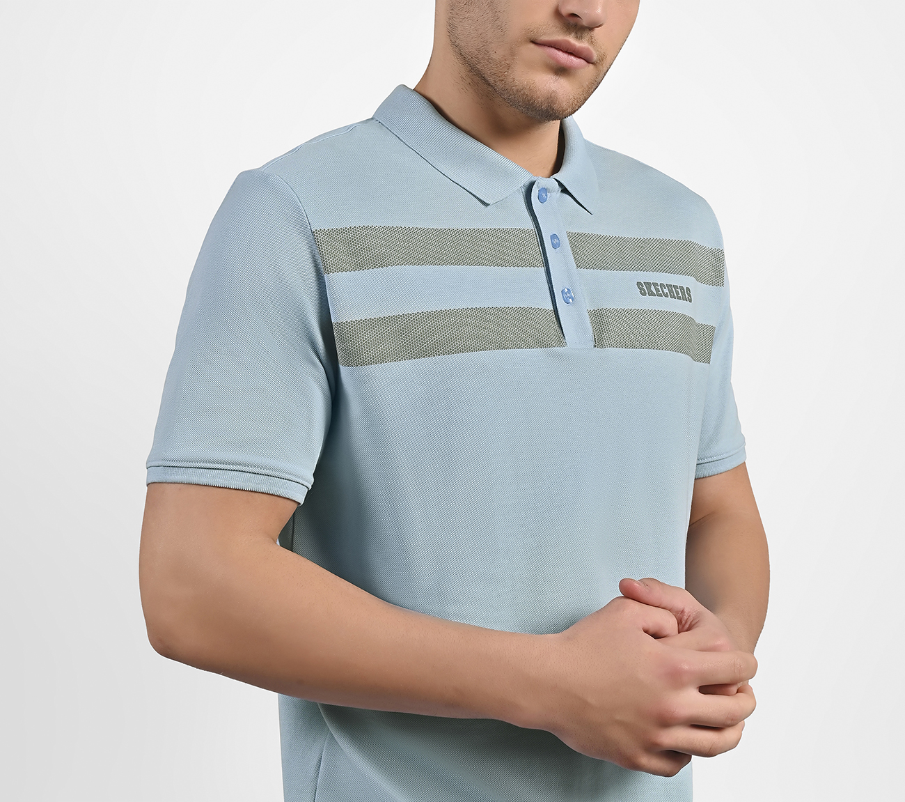 BRANDED DOUBLE PLACKET POLO, CHARCOAL/LT. BLUE Apparel Right View