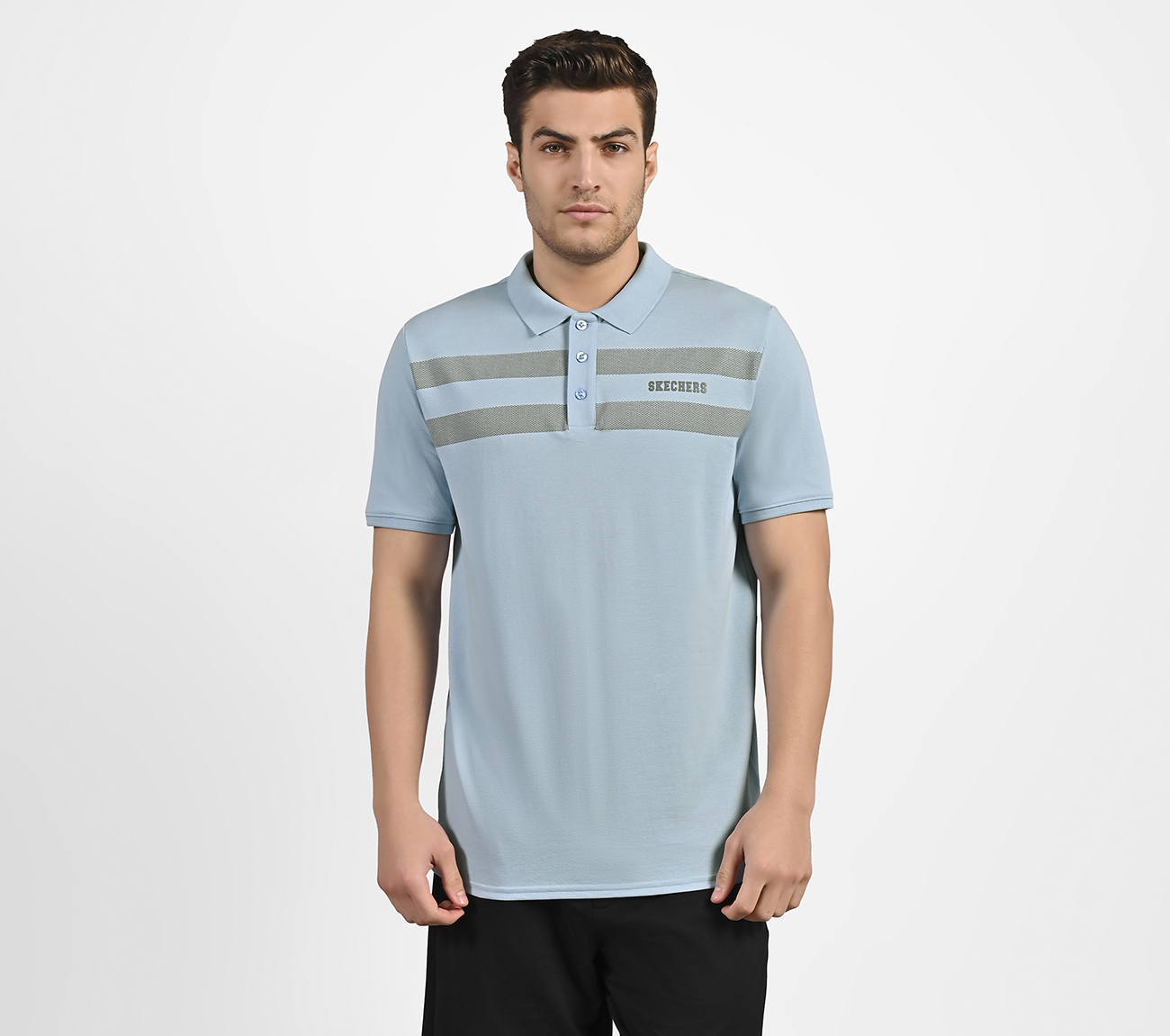 BRANDED DOUBLE PLACKET POLO, CHARCOAL/LT. BLUE Apparel Lateral View