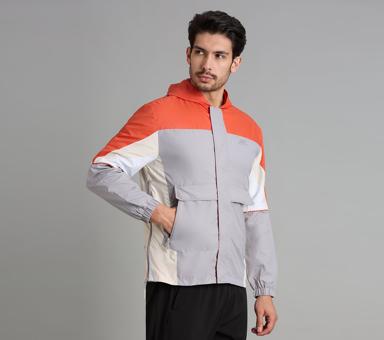 COLORED PANEL HOODED WINDBREAKER, CHARCOAL/LT. GRAY