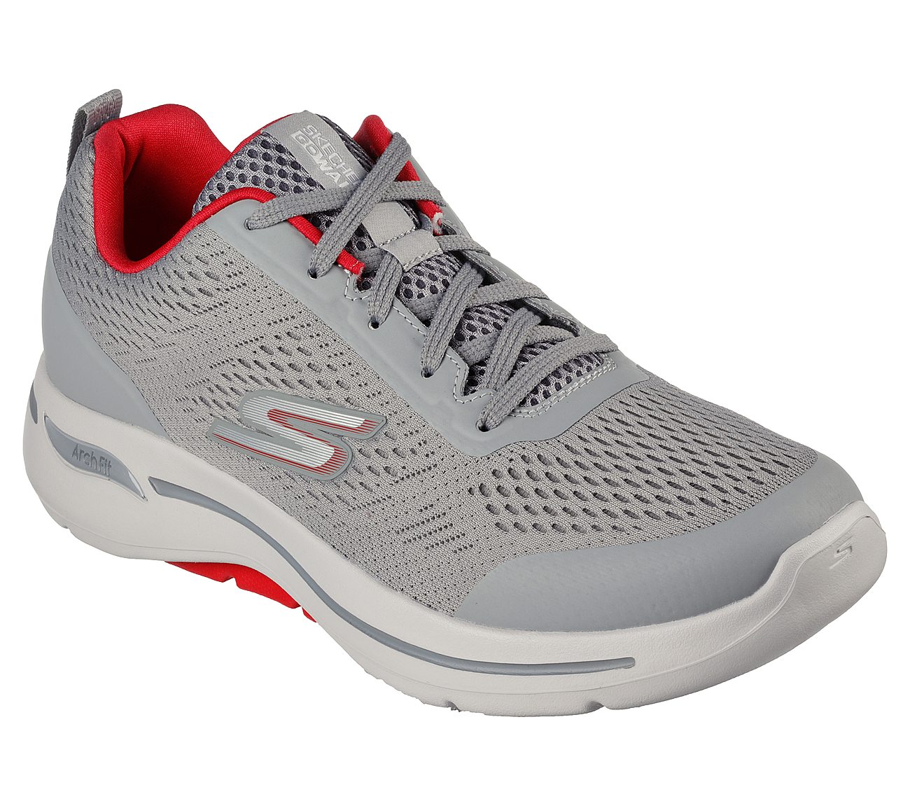 GO WALK ARCH FIT-IDYLLIC, LIGHT GREY/RED Footwear Lateral View