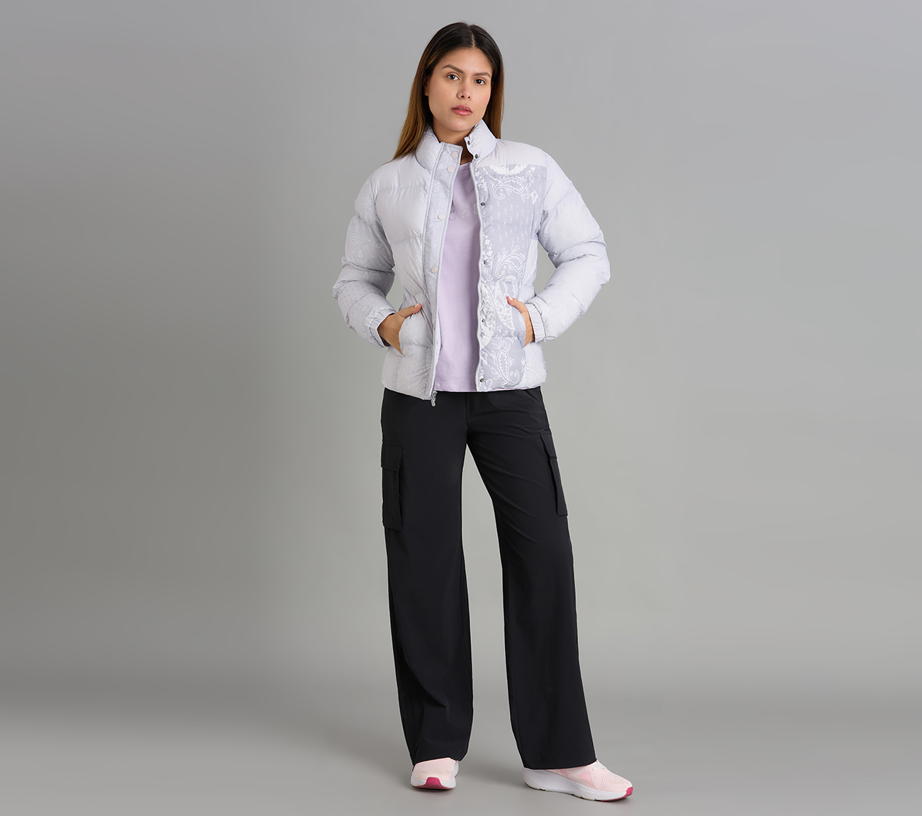 PAISLEY PRINT PUFFER JACKET, GRAY/WHITE/ORANGE